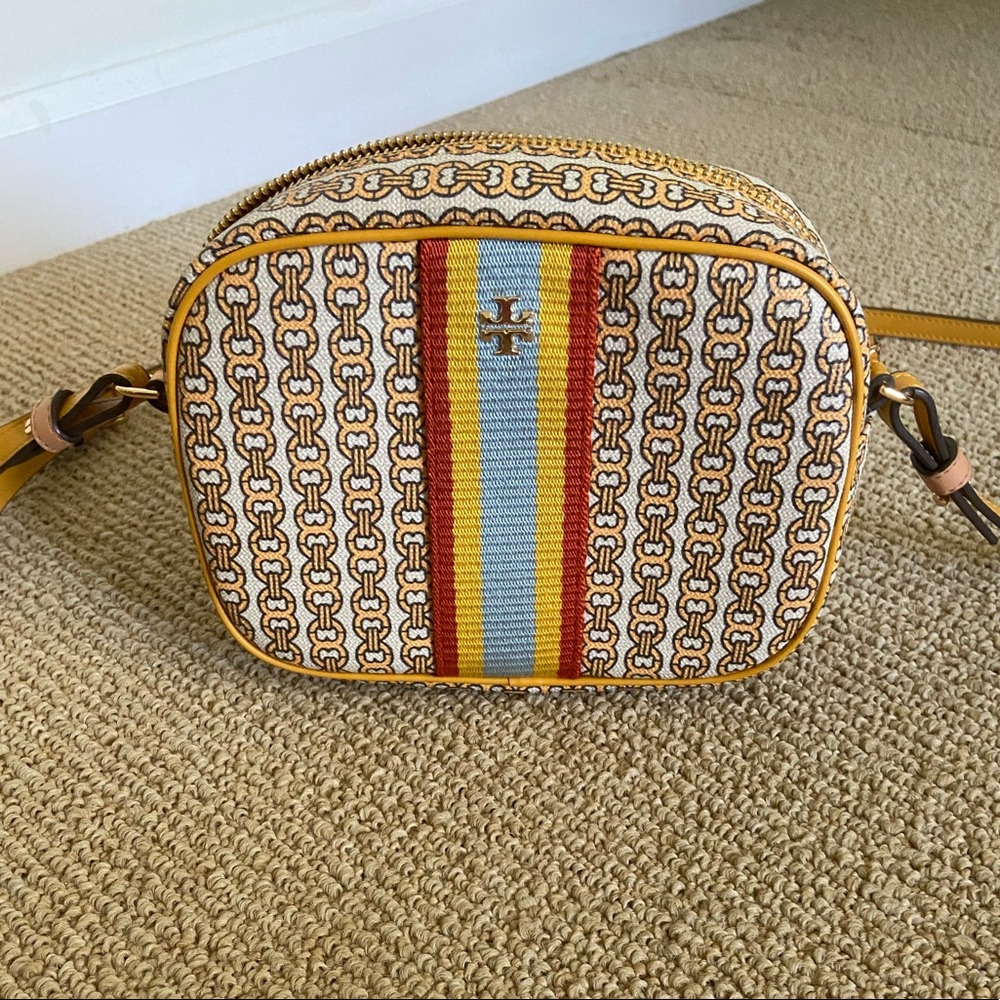 Tory Burch Yellow, Blue & Red Logo Stripe Crossbody